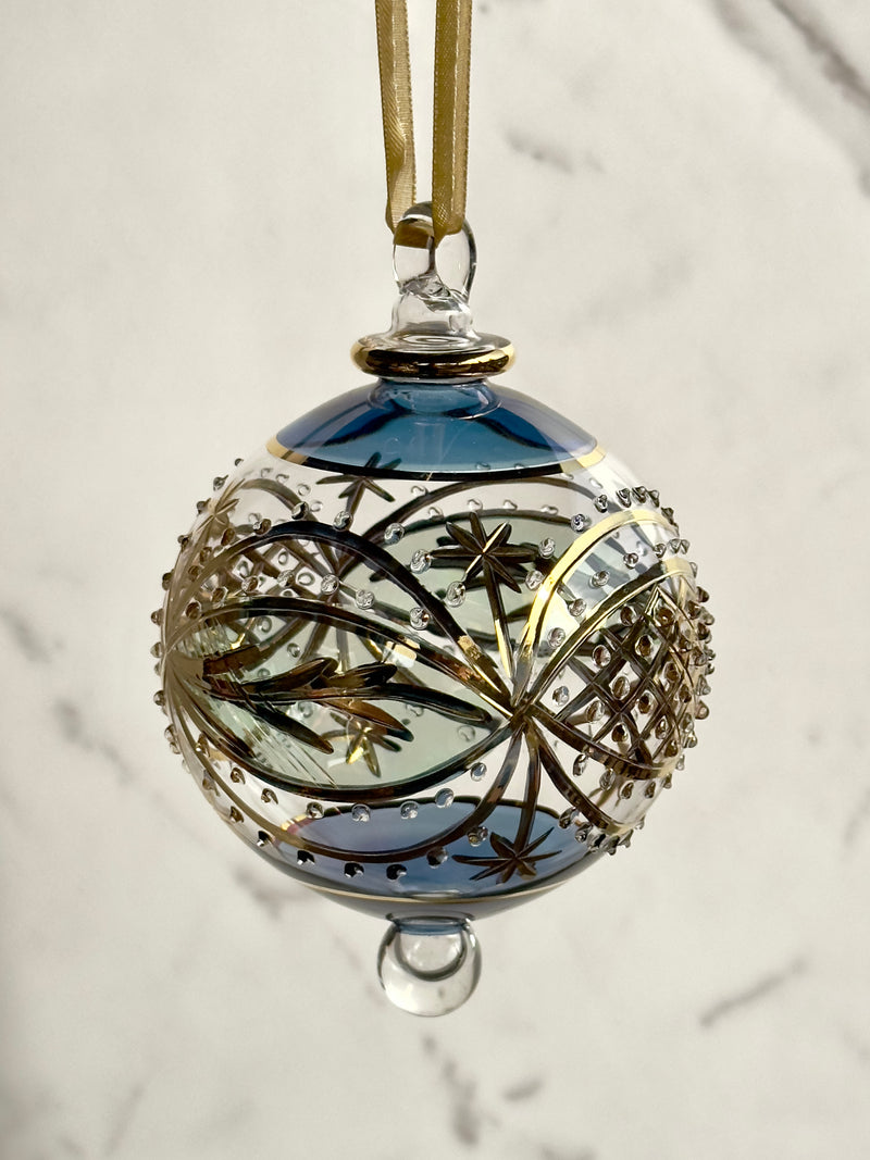 Large Crystal Ball w/ Hand Painted Gold Design - Egyptian Hand Blown Glass Ornament