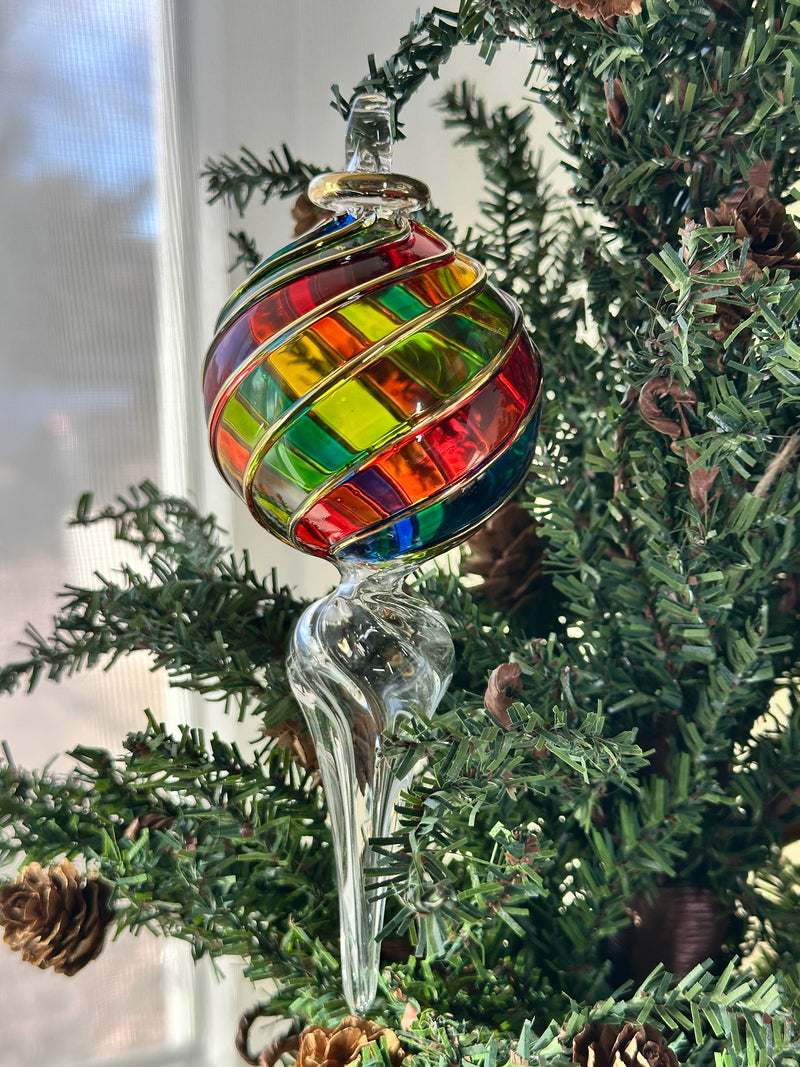 Multi Color Globe End with Crystal Stem Ornament - Egyptian Hand Blown Glass