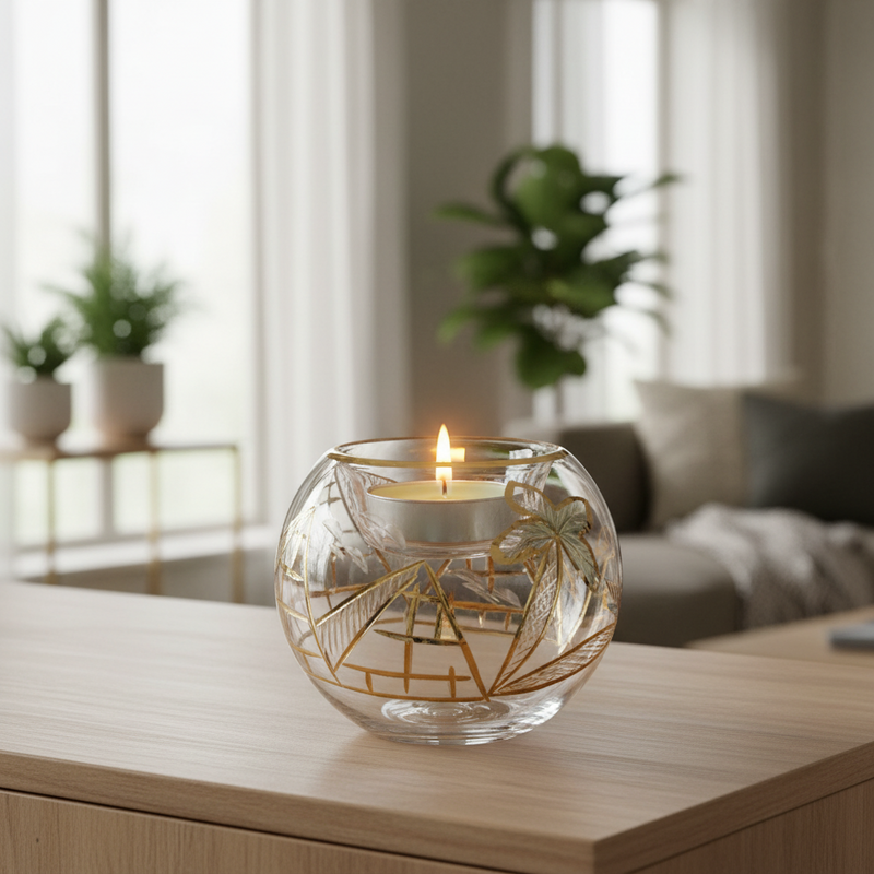 Decorative glass candle holder with gold accents on a marble surface