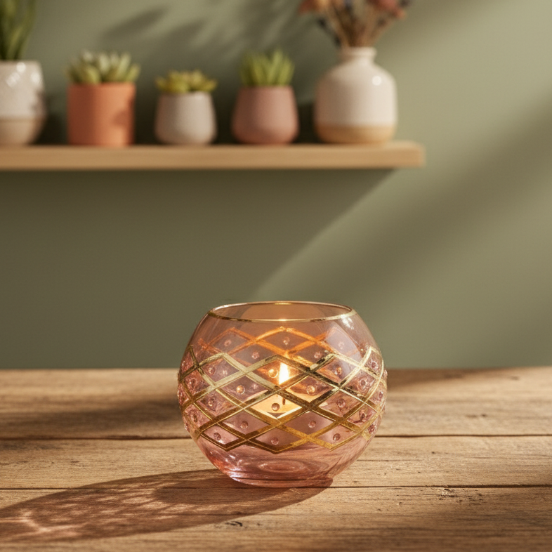 Egyptian Hand Blown Glass Tea Light Holder - Geomatric