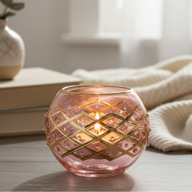 Egyptian Hand Blown Glass Tea Light Holder - Geomatric