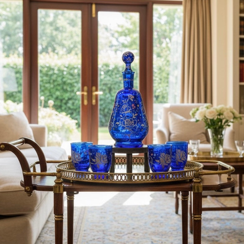 Blue glass decanter and tumblers on a tray in a living room setting