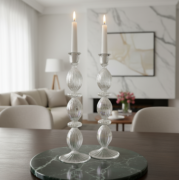 Handblown Pebble Candle Stick Holders Clear Iridescent Set of 2