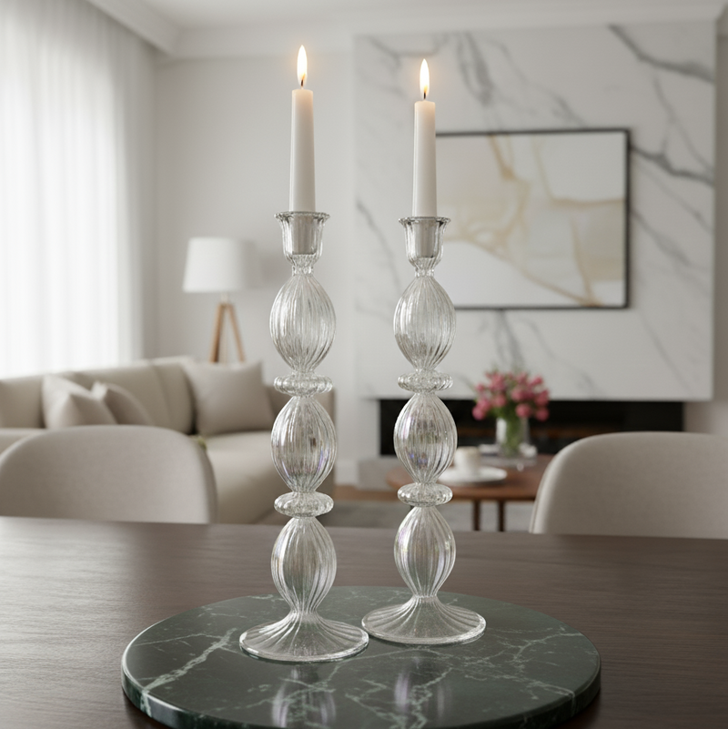 Handblown Pebble Candle Stick Holders Clear Iridescent Set of 2