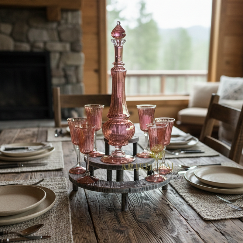 Dining table set with pink glassware and a decorative lamp in a rustic setting.