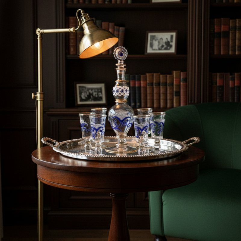Vintage-style room with a wooden table, brass lamp, and decorative glasses.