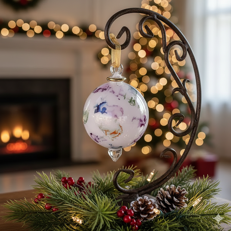 Handmade Egyptian Blown Glass Ornament: Multicolor Ceramic Globe, 14k Gold Accents