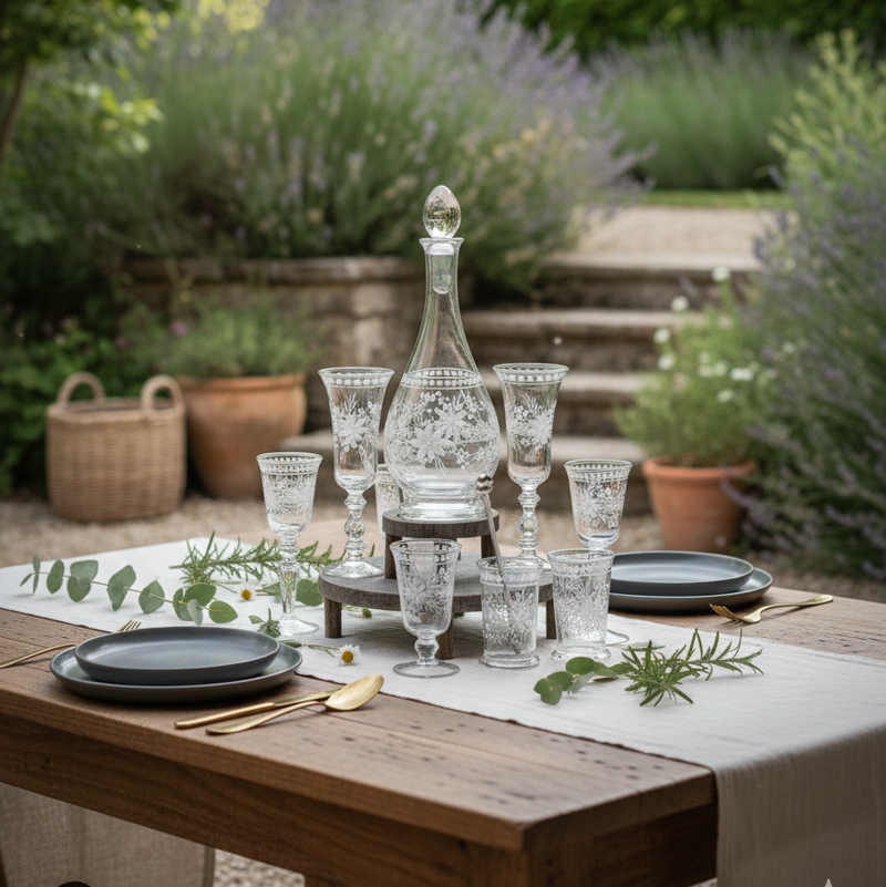 Dining table set with glasses, a decanter, and plates in a garden setting.