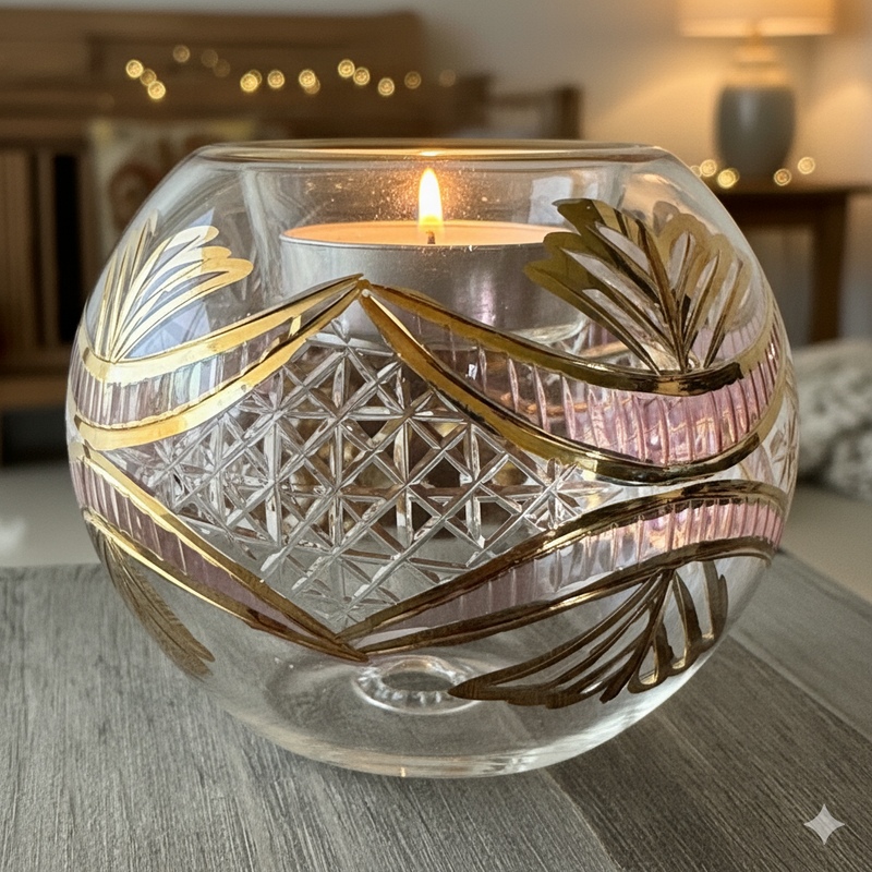 Egyptian Hand Blown Glass Tea Light Holder - Pink Etched Glass