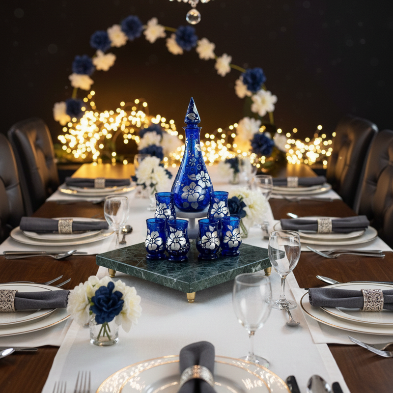 Elegant dinner table setting with blue decorative vase and floral arrangements, featuring a chandelier.