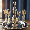 Decorative glass decanter and goblets on a silver tray with a dark curtain background