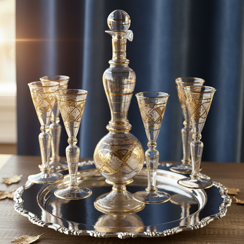 Decorative glass decanter and goblets on a silver tray with a dark curtain background