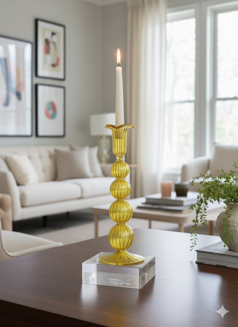 Hand Blown Swirl Glass Candle Holder: Colorful Puffed Design