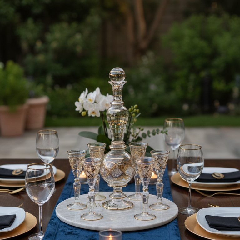 Dining table set with glasses, plates, and a candle under string lights outdoors.