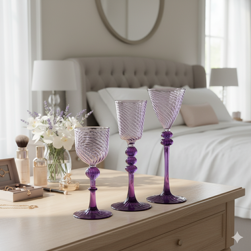 Egyptian Handblown Pastel Purple Goblet Swirl Glass (Set of 3)