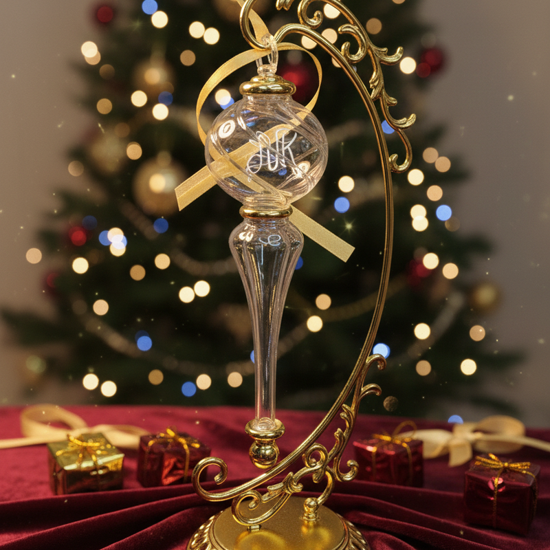 Decorative Christmas ornament with gold and clear design on a red surface with a blurred Christmas tree in the background.