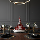 Dining table setting with a decorative bottle and glasses on a dark wall background