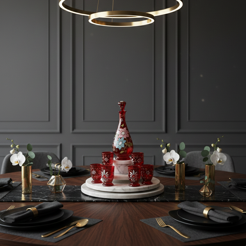 Dining table setting with a decorative bottle and glasses on a dark wall background