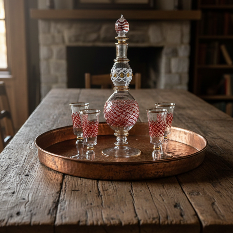 Decorative glass decanter and tumblers on a wooden tray with a stone fireplace in the background.