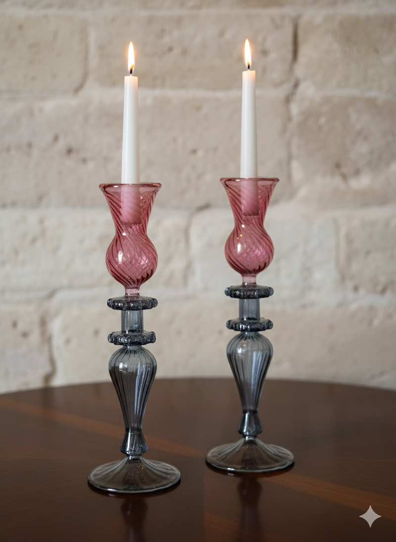 Handblown Swirl Glass Candle Holders - Set of 2 Red/Green