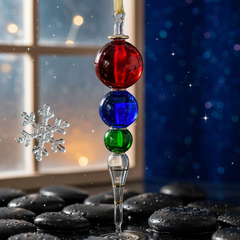 Decorative glass ornament with red, blue, and green beads hanging against a snowy window background.