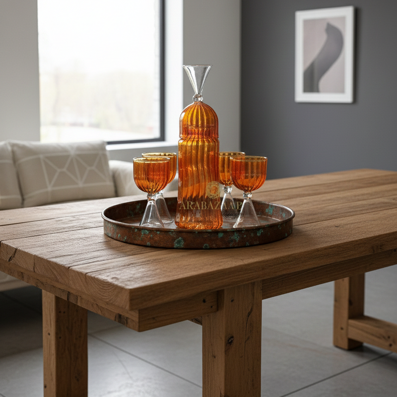 Wooden table with a decorative tray holding orange glassware and a tall orange vase.