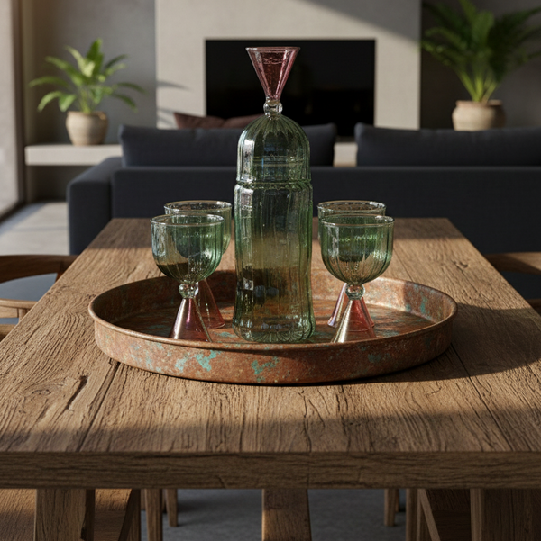 Decorative setup on a wooden table with a bottle, glasses, and a tray in a room with plants and furniture.