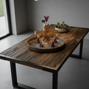 Wooden table with decorative items in a modern interior setting
