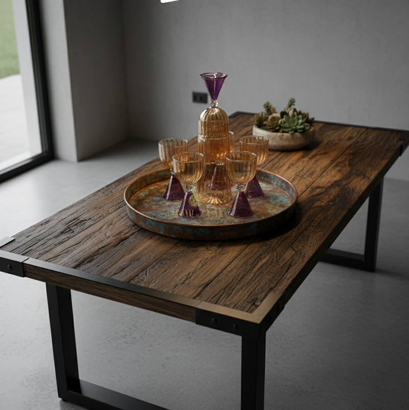 Wooden table with decorative items in a modern interior setting