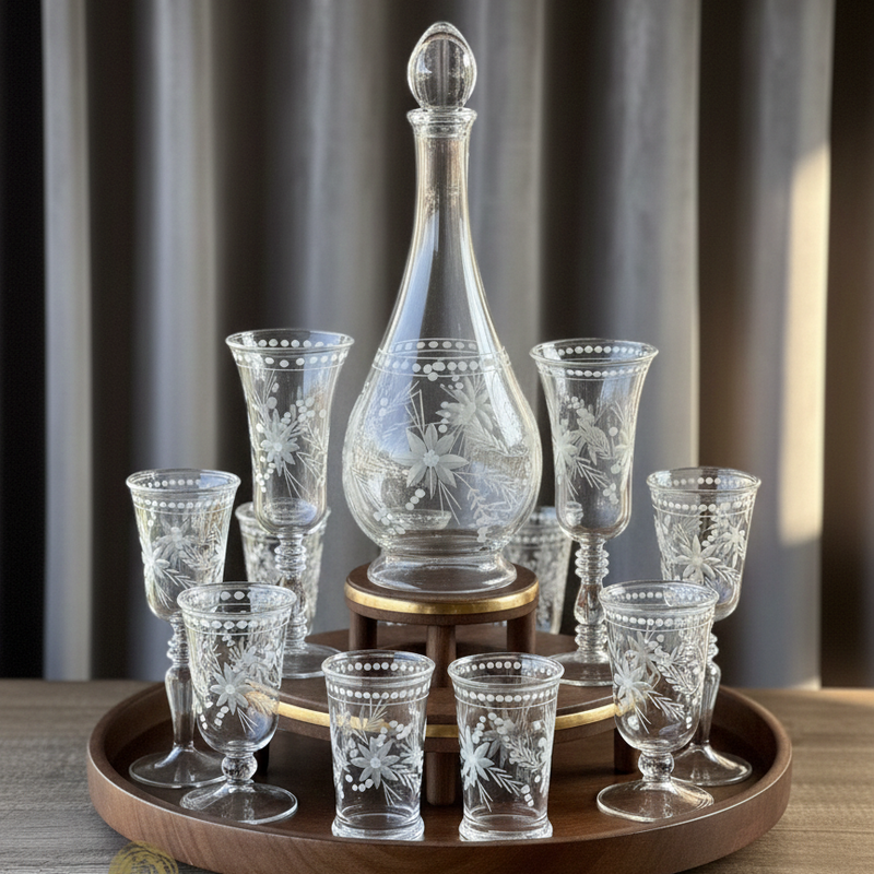 Set of etched glass decanter and glasses on a wooden tray with a neutral background.