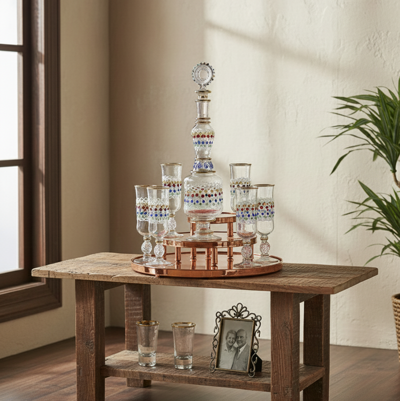 Wooden table with decorative glasses and a photo frame in a room with a window and plant.