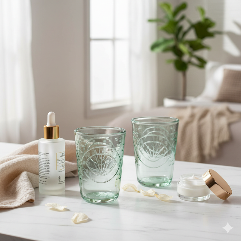 Egyptian Handblown Vintage Green Etched Tumbler  (Set of 3)