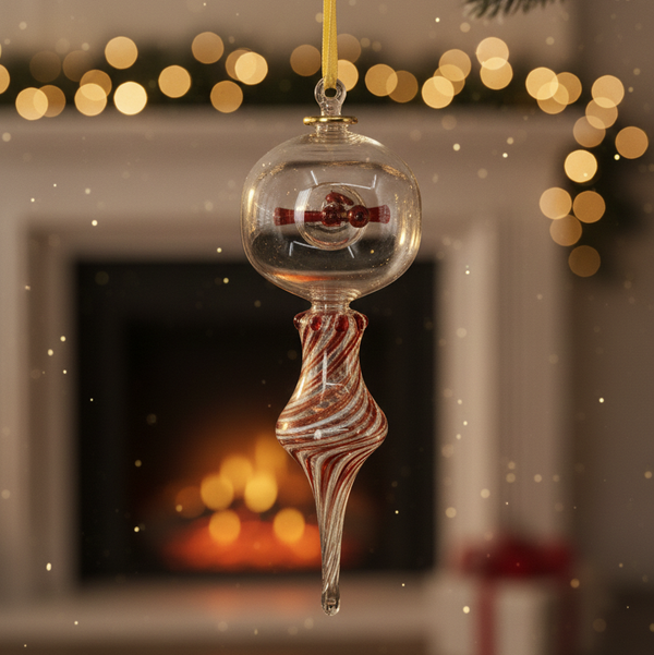 Decorative Christmas ornament hanging from a tree with a fireplace and lights in the background