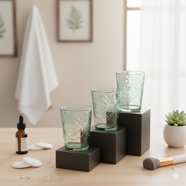 Egyptian Handblown Vintage Green Etched Tumbler  (Set of 3)