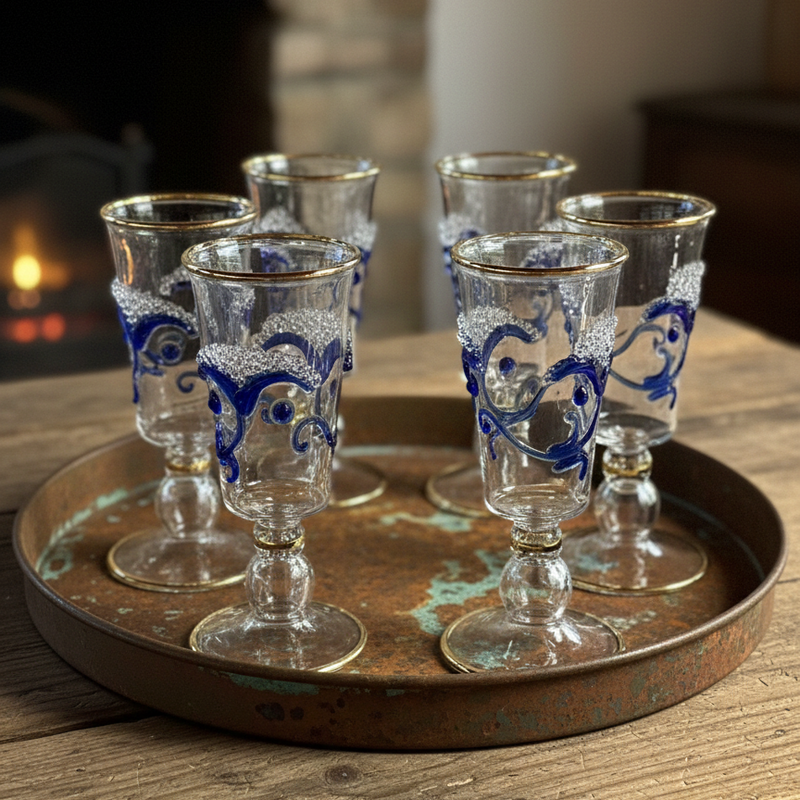 Set of six decorative glass goblets on a metal tray with a fireplace in the background