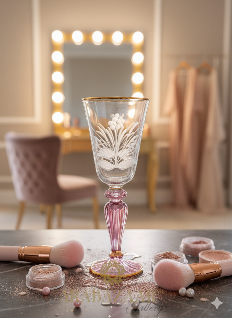 Egyptian Handblown Dark Rose Embossed Etched Goblet 14K Gold lining (Set of 2)