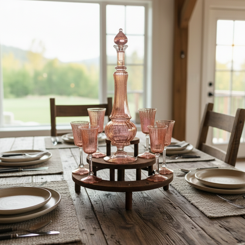 Dining table set with pink glassware and a decorative vase in a rustic setting.