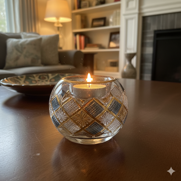 Candle in a decorative glass holder on a wooden table with a cozy living room background.