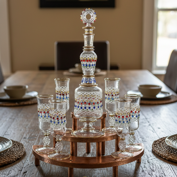 Decorative glass set on a wooden stand with 'Arabazaar' branding on a table.