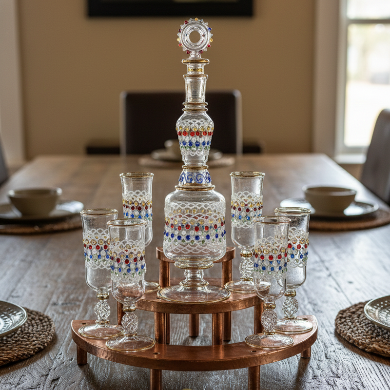 Decorative glass set on a wooden stand with 'Arabazaar' branding on a table.