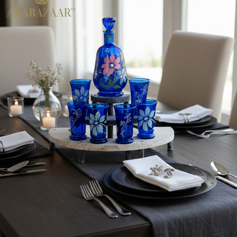 Dining table setting with blue floral glassware and a decorative bottle.