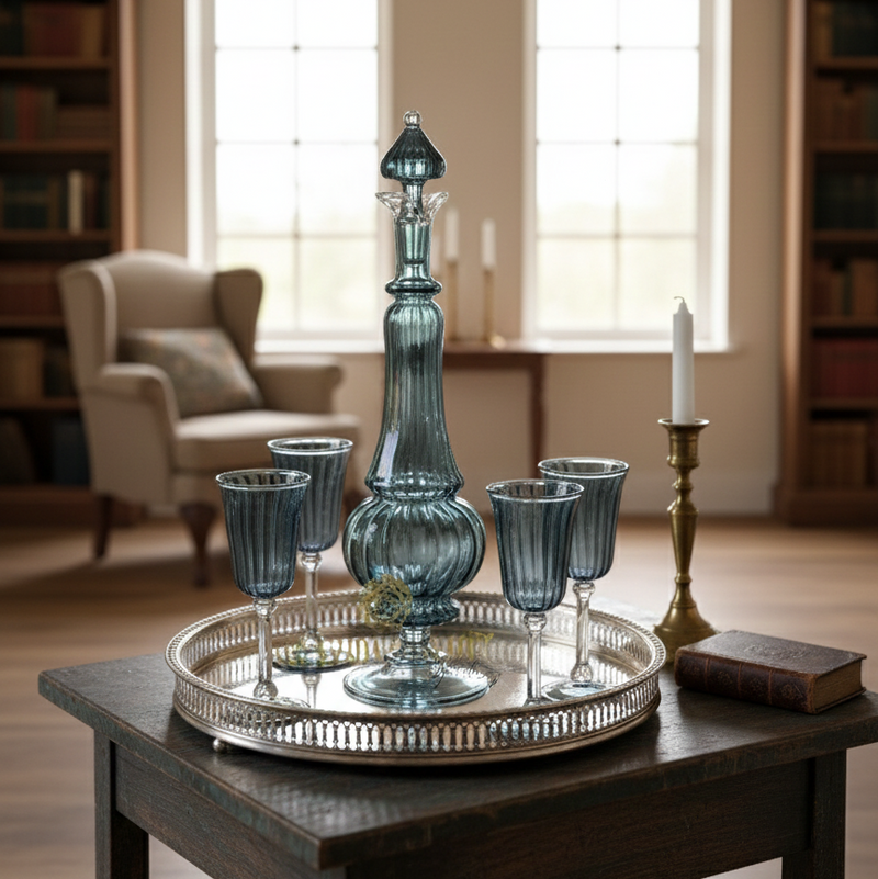 Decorative blue glass set on a silver tray in a room with bookshelves and windows.