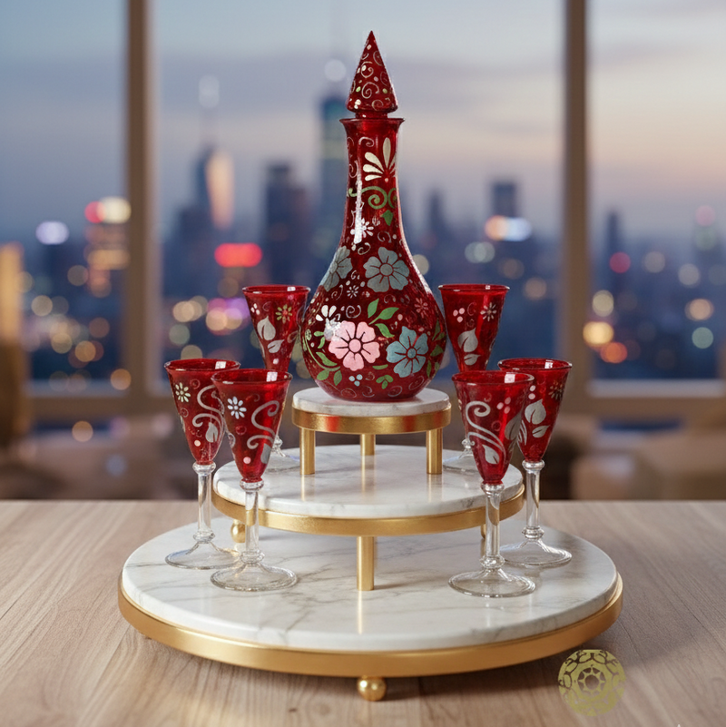 Decorative red and gold vase set on a marble stand with cityscape background