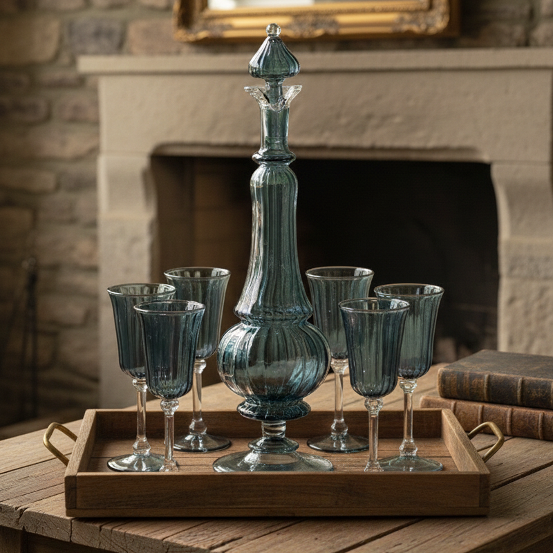 Set of blue glass decanter and goblets on a wooden tray with a stone fireplace background.