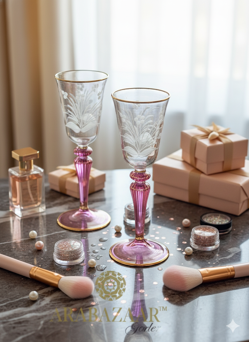 Egyptian Handblown Dark Rose Embossed Etched Goblet 14K Gold lining (Set of 2)