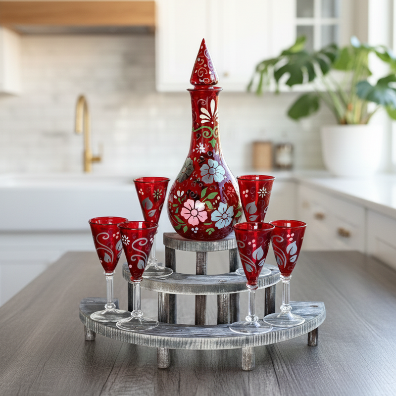 Decorative red glass set with floral patterns on a kitchen counter.