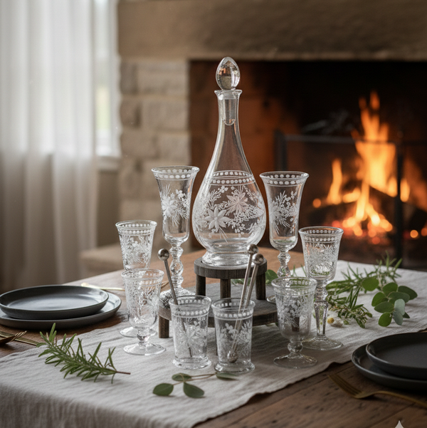Decorative glassware on a table with a fireplace in the background