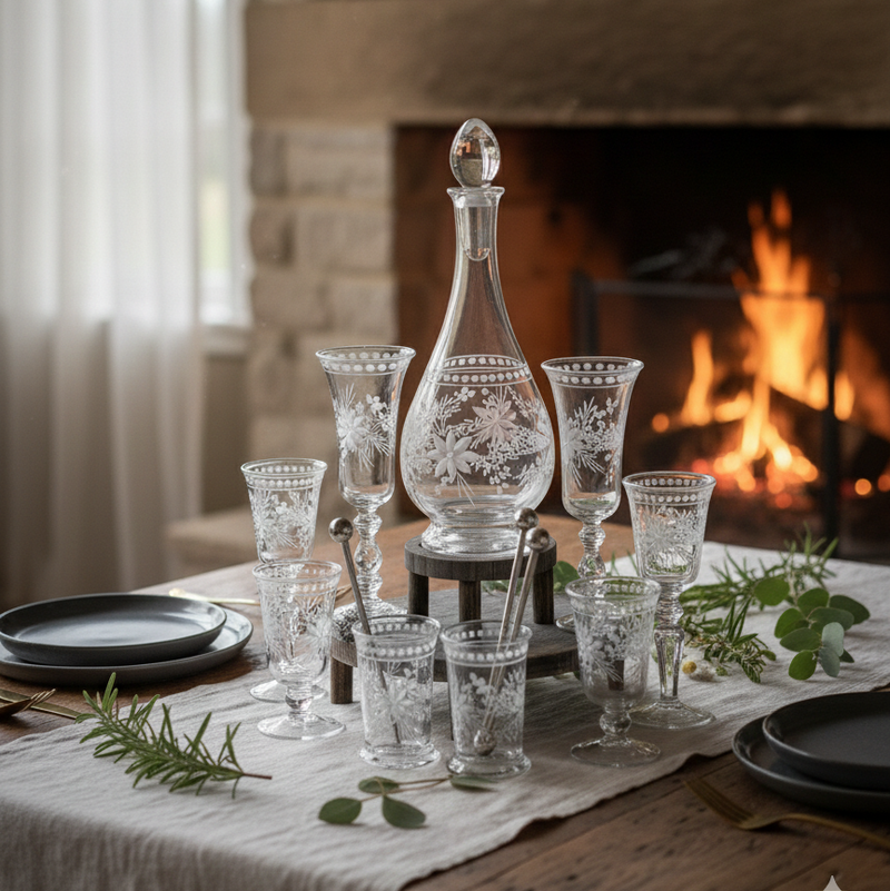 Decorative glassware on a table with a fireplace in the background