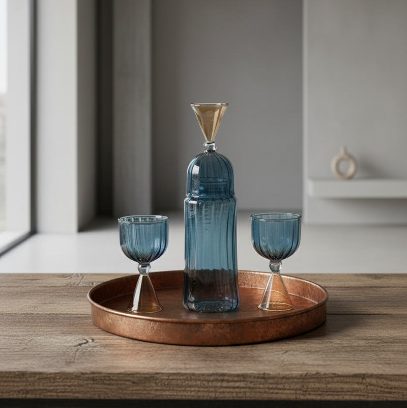 Blue glass decanter and two glasses on a wooden tray with a neutral background