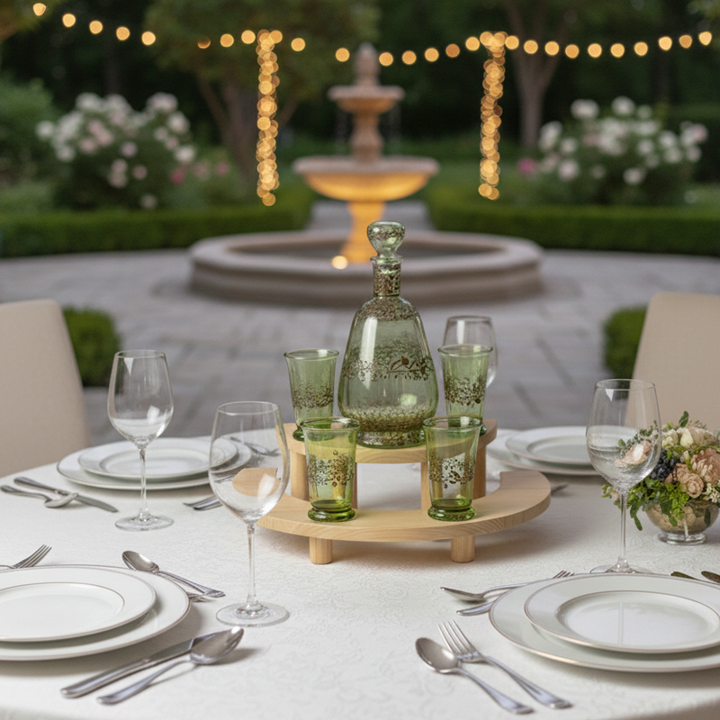 Elegant outdoor table setting with green glassware and a fountain in the background.